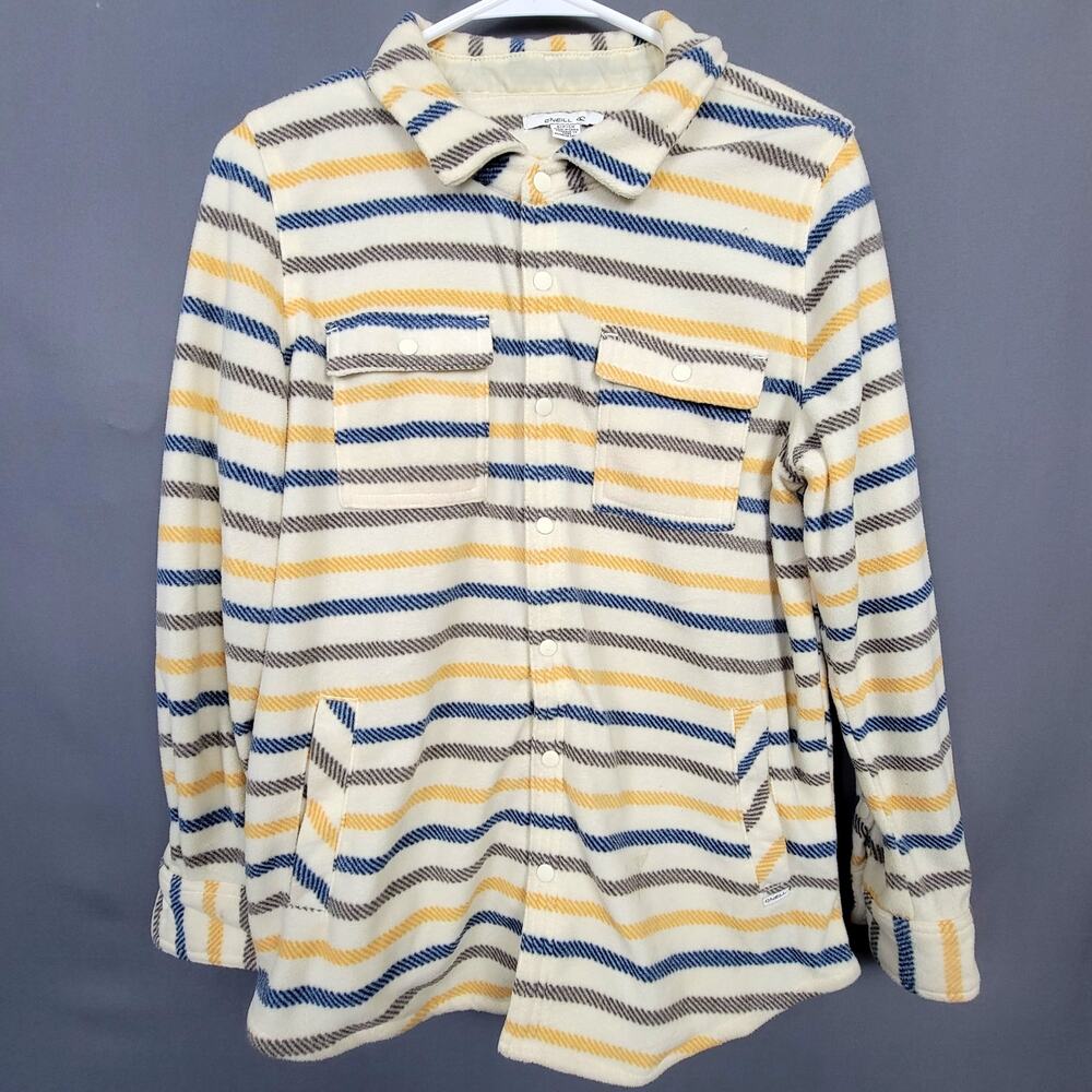 O’Neill Fleece Shacket Striped Cream Yellow Navy Snap Front Cozy Retro Casual